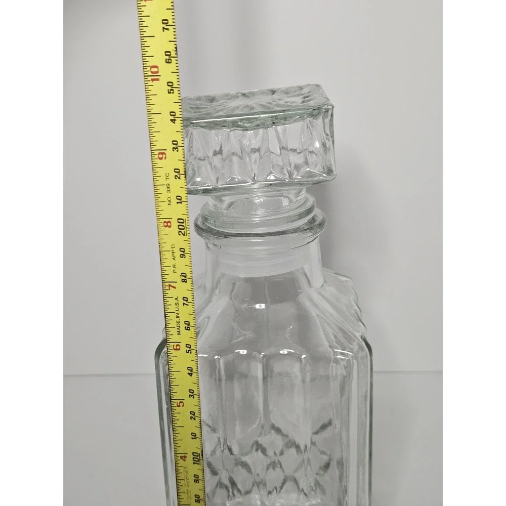 Vintage Glass Whiskey Decanter Square Diamond Cut Liquor Bourbon Bottle Stopper